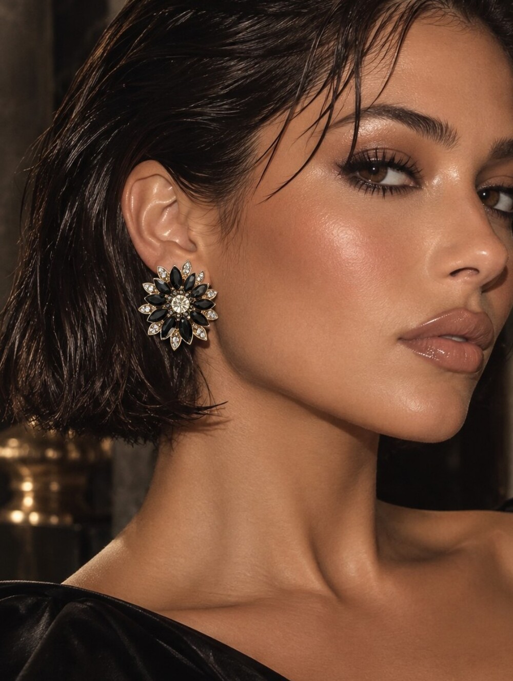 Vintage Black & Clear Floral Statement Earrings — Circa 1980s–1990s